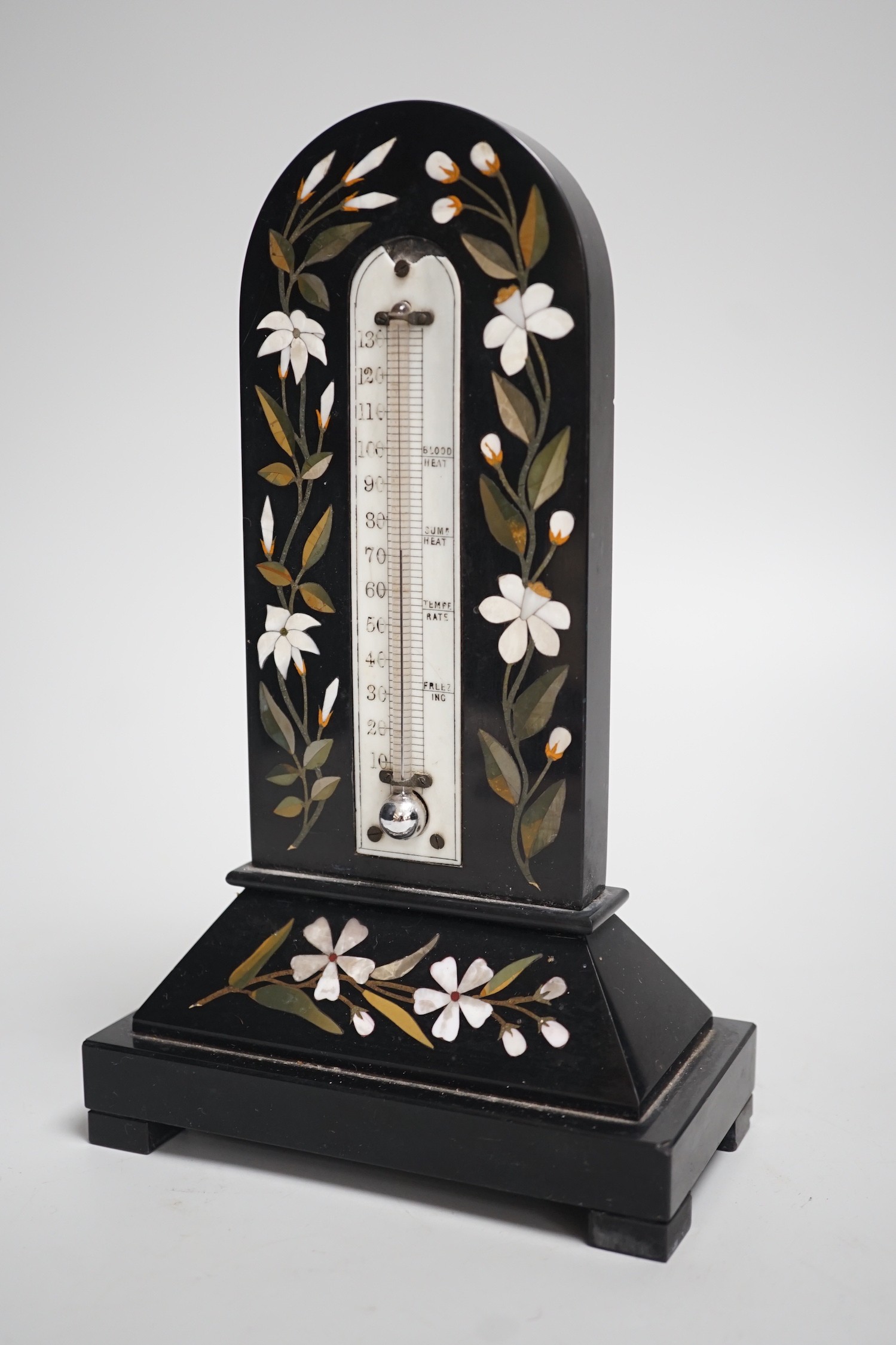A late 19th century Italian pietra dura thermometer. 22cm high
